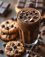 Creamy chocolate milkshake topped with crushed cookies and chocolate pieces served alongside fresh chocolate chip cookies on dark wooden surface. Sweet dessert drink.
