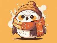 Cute cartoon owl wearing winter knit hat and cozy patterned scarf on orange background, kawaii style character design for stickers, greeting cards and children products.