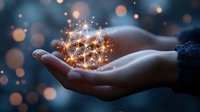 Hands cupping glowing sacred geometry flower of life symbol with golden light rays and sparkles against bokeh background for spiritual wellness concepts.