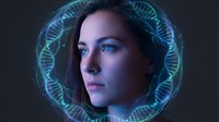 Young woman with fair complexion and blue eyes, surrounded by glowing cyan DNA helix visualization, representing genetic research, biotechnology, and scientific innovation in modern medicine and healthcare.