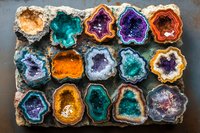 Collection of colorful geode crystals displaying natural formations in purple, turquoise, and orange hues arranged on dark surface, showing raw mineral beauty.