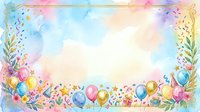 Watercolor celebration border with balloons, confetti, and floral elements on isolated white background, ready for invitations, cards, and design projects.