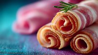 Rolled pancakes with meat filling garnished with fresh rosemary on colorful background. Delicious breakfast or brunch dish ready to serve.