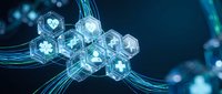 Digital healthcare technology network with glowing medical icons and data streams representing telemedicine and health informatics solutions.