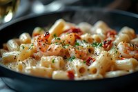 Creamy pasta dish with succulent grilled shrimp, garnished with fresh herbs and black pepper in rich white sauce, served in black pan. Perfect for menu photography.