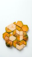 Geometric wooden hexagon puzzle with autumn pumpkin pattern on white background. Natural wood blocks forming decorative mosaic for interior design projects.