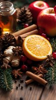 Festive winter ingredients with orange slice, red apples, honey jar, cinnamon sticks, star anise, ginger root and pine cones on rustic wooden background with evergreen branches.