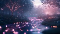 Mystical forest stream with glowing pink orbs floating on water surface amid foggy twilight atmosphere, creating magical woodland scenery with illuminated trees.