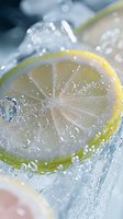 Fresh lemon slice splashing in crystal clear water with sparkling droplets and bubbles creating refreshing summer drink atmosphere.