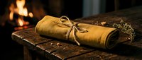 Rolled vintage manuscript tied with twine rests on aged wooden table with fireplace glow, evoking historical documents and antique storytelling atmosphere.