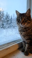 Tabby cat with brown and black striped fur gazing out a frost-covered window at a snowy winter landscape with evergreen trees, looking curious and alert indoors.