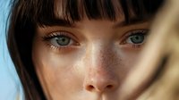 Close up portrait of young woman with bright blue eyes, dark bangs, and natural freckles against blurred blue background, soft natural lighting creates dreamy atmosphere.