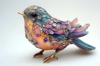 Ornate fantasy bird figurine with iridescent pastel colors and crystal embellishments on white background, decorative collectible art piece for home decor.