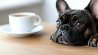French bulldog resting head on wooden table next to coffee cup in cozy indoor setting. Domestic pet relaxation morning routine cafe lifestyle concept.