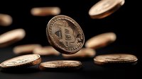 Copper-colored cryptocurrency coins floating and falling on black background, dramatic lighting highlights digital currency concept for financial technology.