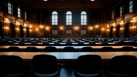 Empty grand lecture hall with ornate wood paneling, arched windows, and dramatic lighting creating an atmospheric academic environment.