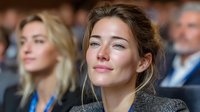 Young professional woman listening attentively during business conference or seminar with colleagues in background at corporate event.