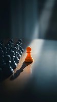 Orange pawn standing out from black pawns, symbolizing leadership, uniqueness, and competitive advantage in business strategy and corporate success.
