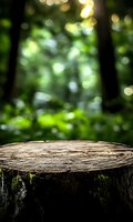 Old tree stump in forest with natural green bokeh background, moss covered wood texture surface for product display or montage in nature setting.