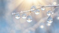 Frozen water droplets on a frost-covered branch glisten in sunlight, creating a magical winter nature scene with soft bokeh background.