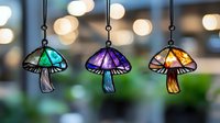 Colorful stained glass mushroom pendants hanging in row with bokeh background, decorative suncatchers in green, purple and amber tones create magical atmosphere.