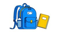Blue school backpack with front pocket and yellow notebook isolated on white background, ready for clipart, educational design, and back-to-school projects.