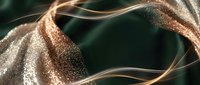 Flowing golden ribbons with sparkling glitter texture creating elegant waves against dark green background for luxury design projects.