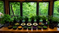Fresh herbs and vegetables in black bowls arranged on wooden windowsill with lush green forest view through panoramic windows, creating natural indoor garden setting.