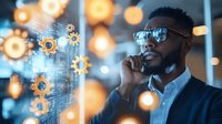 African American businessman in sunglasses analyzing digital technology interface with floating gears and data visualization elements against blurred bokeh lights background.