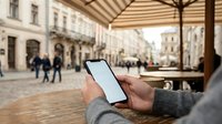 Person using smartphone at outdoor cafe terrace in historic city center with classical architecture and pedestrians walking in background.