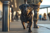 Black Labrador retriever on urban sidewalk with bollard in warm evening light, wearing collar, looking alert and attentive during city walk.