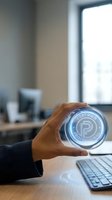 Person with medium skin tone holding glowing cryptocurrency token at office desk with computer setup, representing digital currency certification and blockchain technology adoption.