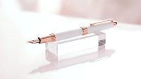 Elegant fountain pen with rose gold accents resting on clear acrylic stand against soft pink background, suitable for stationery and office design projects.