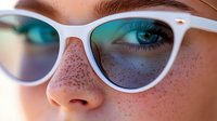 Close up view of white cat eye sunglasses on young woman with natural freckles and blue eyes in warm summer sunlight, beauty and fashion concept.