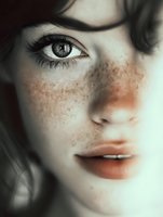 Close-up portrait of young woman with intense blue eyes, natural freckles, and pale skin against dark background for beauty and fashion campaigns.