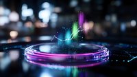 Futuristic holographic financial chart with glowing purple and blue neon lights floating above circular platform against dark background with bokeh effect.