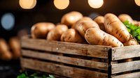 Fresh organic potatoes in rustic wooden crate with herbs against dark background with bokeh lights, farm harvest concept for food markets and cooking.