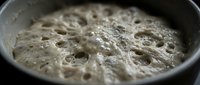 Sourdough starter with active bubbles and fermentation in metal bowl, ready for baking bread and pastries.
