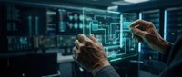 Businessman hands manipulating holographic interface with digital blueprints in futuristic control room for technology innovation and smart systems.