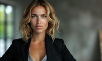 Confident businesswoman with wavy blonde hair wearing black blazer looking directly at camera with intense gaze against blurred office background.