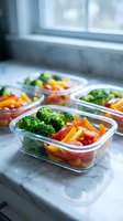 Healthy meal prep containers with fresh broccoli, bell peppers and vegetables on kitchen counter for weekly planning and nutritious eating habits.