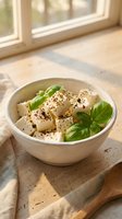 Fresh feta cheese cubes with basil leaves and black pepper in ceramic bowl on wooden table near window for Mediterranean cuisine and healthy eating.