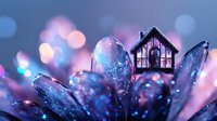 Magical miniature house on glowing crystal petals with bokeh lights in dreamy purple and pink tones, creating ethereal fantasy macro photography effect.