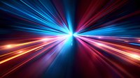 Dynamic light rays in red and blue converging to bright center point, creating futuristic speed effect for technology backgrounds and motion concepts.