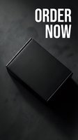 Black matte cardboard box on dark stone surface with bold Order Now text, minimal packaging mockup for premium product branding.