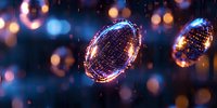 Glowing digital rings with neon grid pattern floating in dark space surrounded by blurred bokeh lights creating futuristic technological atmosphere.