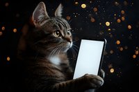 Tabby cat holding smartphone with glowing screen against dark background with golden bokeh lights, concept of pets and technology.