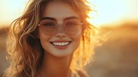 Young blonde woman with glasses smiling at golden hour sunset, warm lighting creating natural glow on face, casual portrait lifestyle photography.