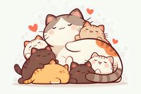 Adorable cartoon cat family with kittens cuddling together surrounded by hearts on light background for children designs and pet lover projects.