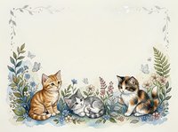 Adorable kittens sitting among wildflowers and botanical elements creating decorative border frame on neutral background for greeting cards.